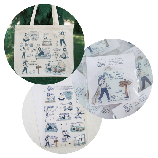 Tote Bag + Acrylic Keychain + Sticker Sheet Bundle